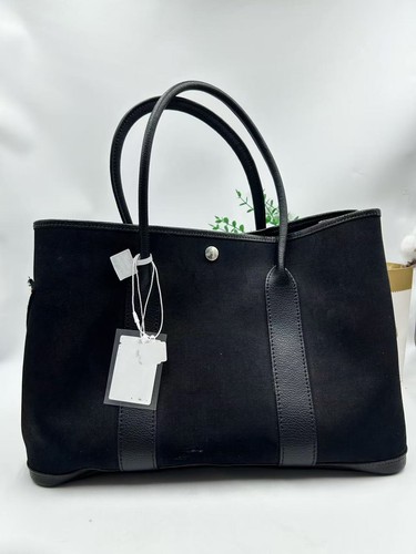 Authentic Hermès Garden Party 36 Black Canvas Calf Leather Tote Bag France