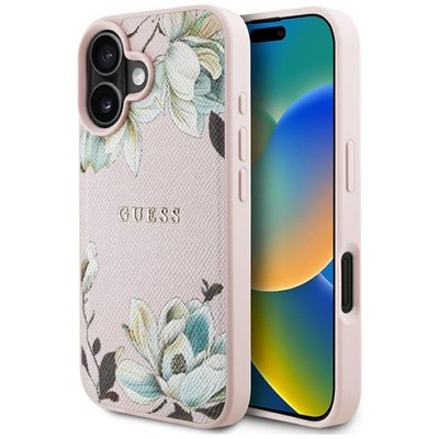 Guess Grained Printed Flower Pattern MagSafe Hülle für iPhone 16 Pink