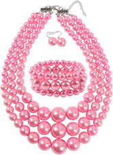 Women'S 3 Layer Simulated Pearl Statement 18" Necklace Bracelet and Earrings Jew