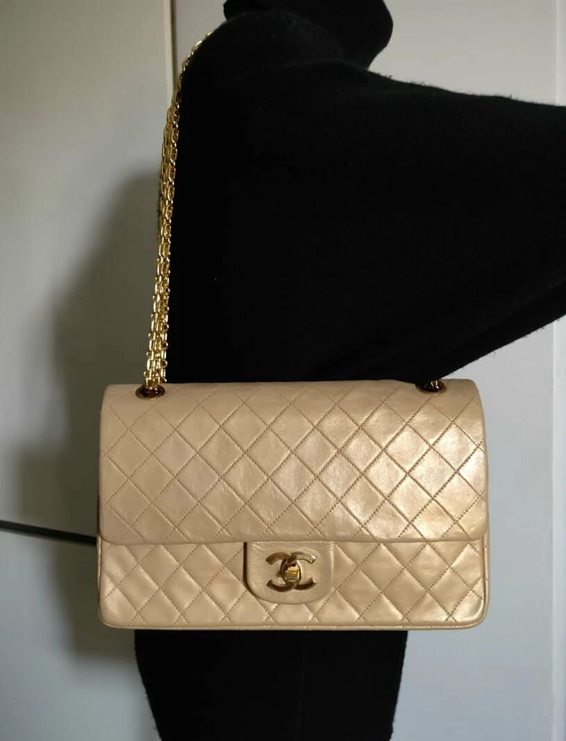 Chanel Medium Classic Double Flap Bag Beige Lambskin Light Gold Hardware