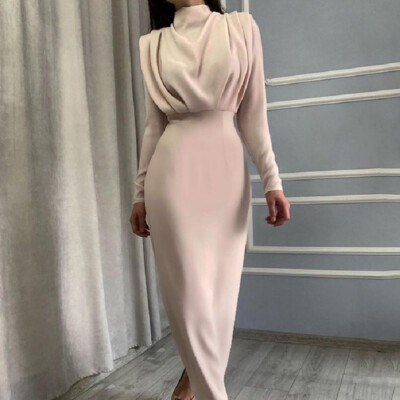Womens High Neck Long Sleeve Pleated Slim Fit Fashion Maxi Dress Party Ball  Gown | eBay