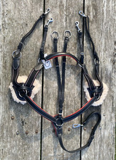 Pony 5-point black leather/elastic English saddle breastplate w/red padding