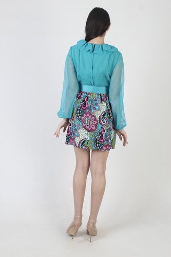 Vintage 60s Psychedelic Print Dress Teal Chiffon Sheer Mod Cocktail Party Mini - Picture 6 of 7