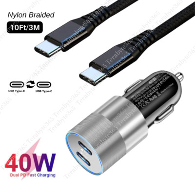 For iPhone 15 Pro Max Samsung Dual Type C PD Fast 40W Car Charger Adapter Cable