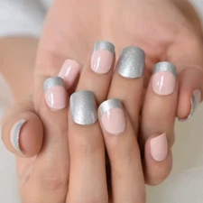 24 Unique Short Pink gray silver glitter Press on nails glue on light pastel
