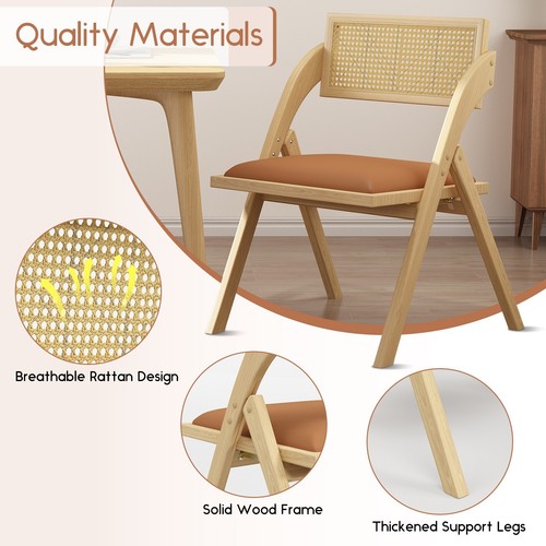 Foldable Wood Rattan Dining Chairs Kitchen Chairs with Cushion Set of 2 - Picture 6 of 40