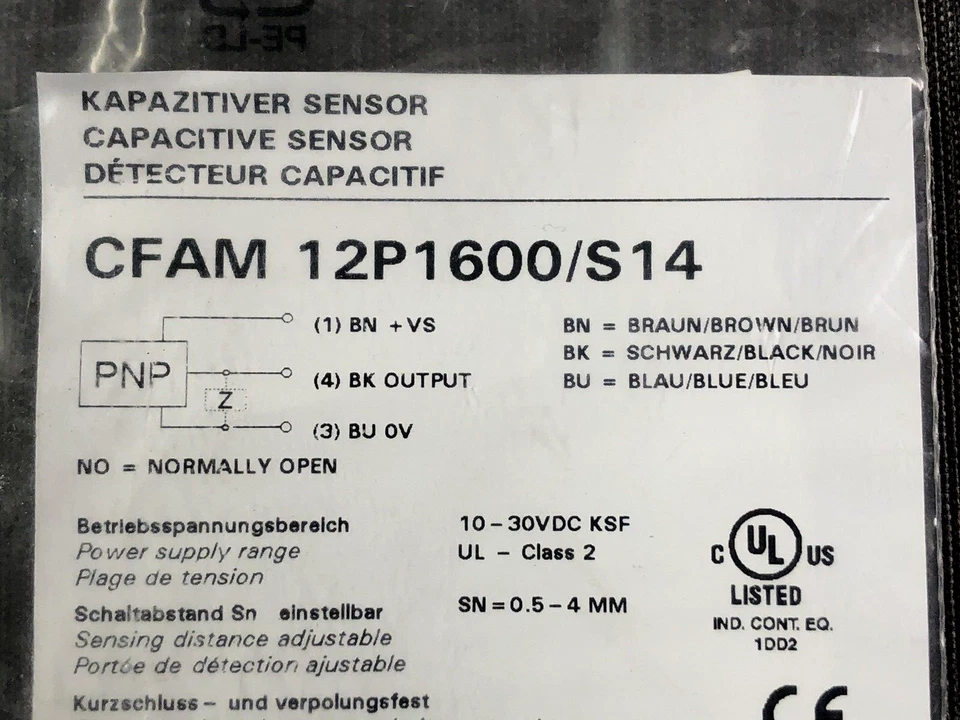 Baumer CFAM 12P1600/S14 Capacitive Proximity Sensor 0.5 to 4mm Sensing NO PNP - Image 3 of 3