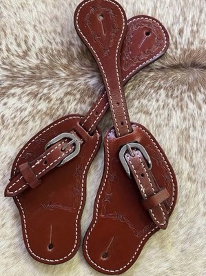 MENS Top Grain Leather Barbed Wire Tooled Western Pair Spur Straps