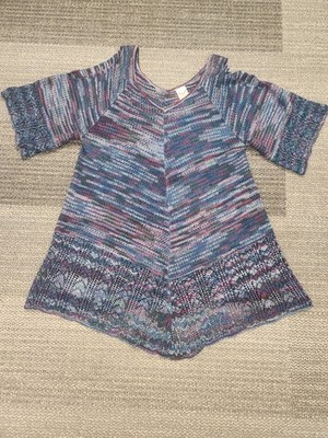 Faded Glory Womens L (12-14), Double-V Crochet Knit Cold Shoulder Top Blue Pink