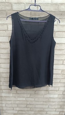 Hallhuber black top blouse with rhinestones chiffon loose fit size 34