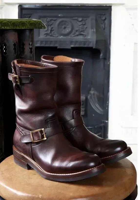 New Handmade Double Monk Strap Brown Leather Shoes Men Ankle Motorcycle Boots