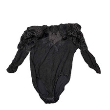Bodysuit Womens S Black Textured Puffy Long Sleeve Beaded V-Neck Back Zip