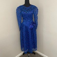 Vtg ILGWU Union Made  Sz 5/6 (Small) Royal Blue Lace Bow Prairie Dress Low Back
