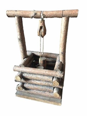 Vintage Wooden 9.5''t Hand Well 2 weight Buckets Rustic w/Wood Pulley / Decor
