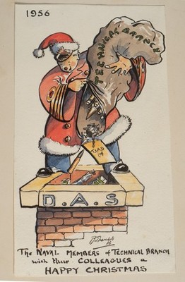 Original 1956 Marine Technischer Zweig Weihnachten Cartoon Kunstwerk Aquarell