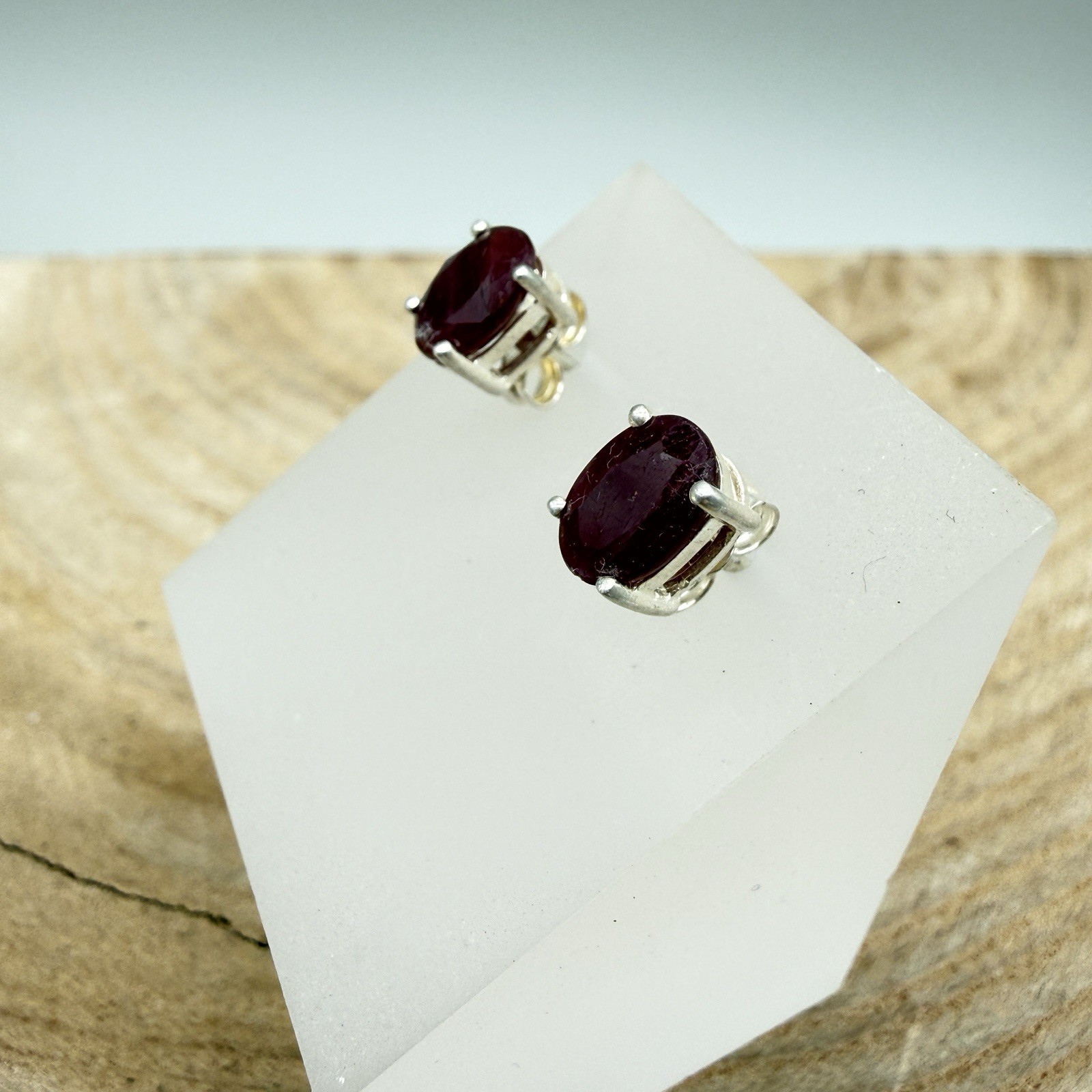 Sterling Silver Ruby Stud Earrings Oval Red Gemst… - image 4