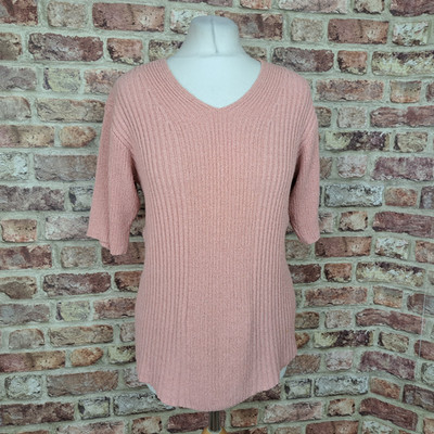 Orvis Rosa Pullover Pulli Gerippt Damen Small Kurzarm Seidenmischung V-Ausschnitt