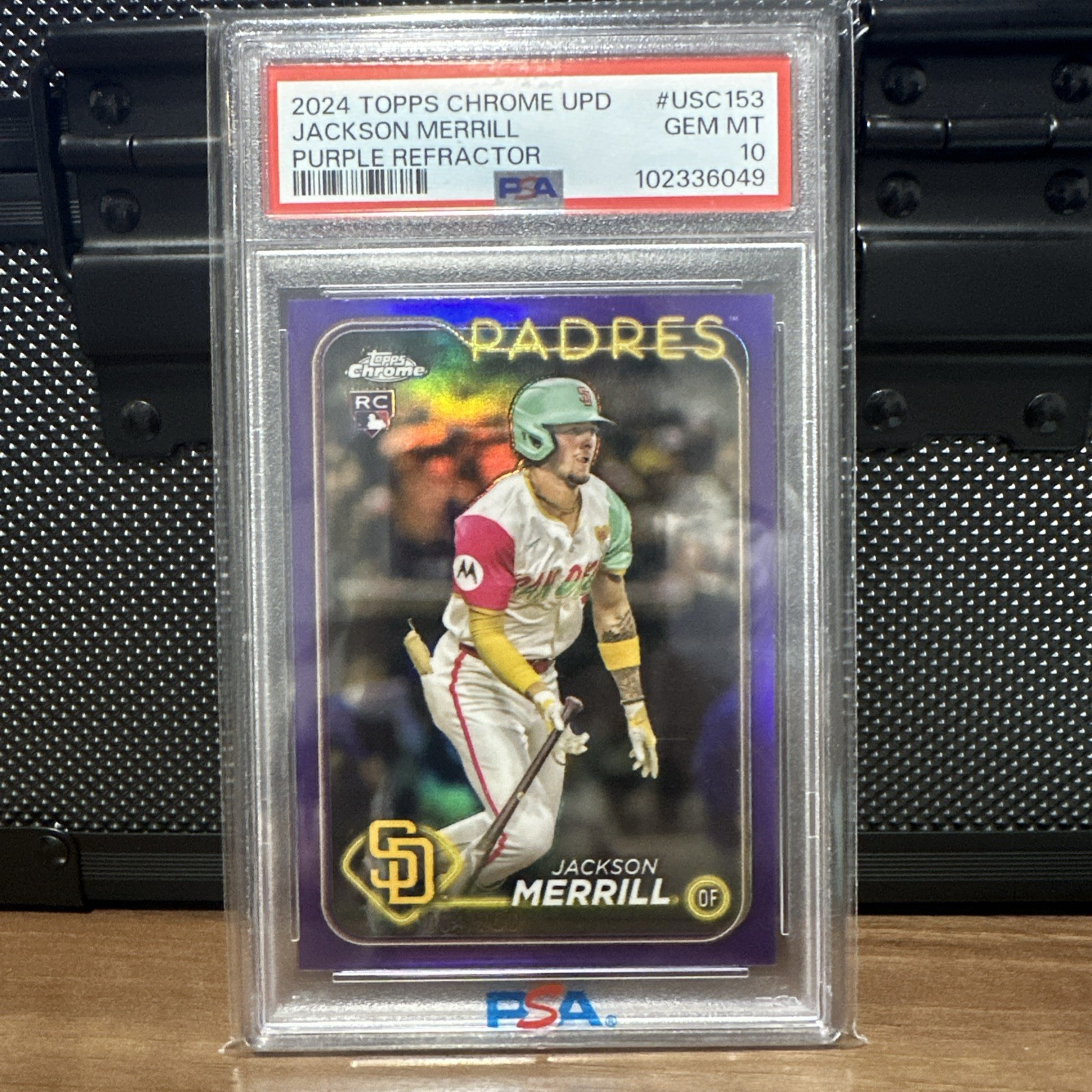 2024 TOPPS CHROME UPDATE PURPLE REFRACTOR #USC153 JACKSON MERRILL RC /250 PSA 10