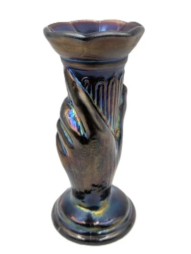 Vintage Fenton Amethyst Purple Carnival Glass Torch Hand Bud Vase 3.75 in. Tall