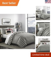 King Comforter Set, Cotton Reversible Bedding, Buffalo Plaid Bedding Set Blac...