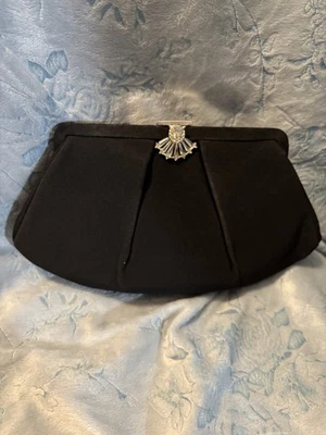 Suzy Smith Black Clutch Rhinestone Clasp Lined Coin Purse Formal Vintage - Image 1 of 4