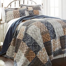 Twin Full Queen King Bed Blue Tan Gray Patchwork 3 pc Cotton Quilt Coverlet Set