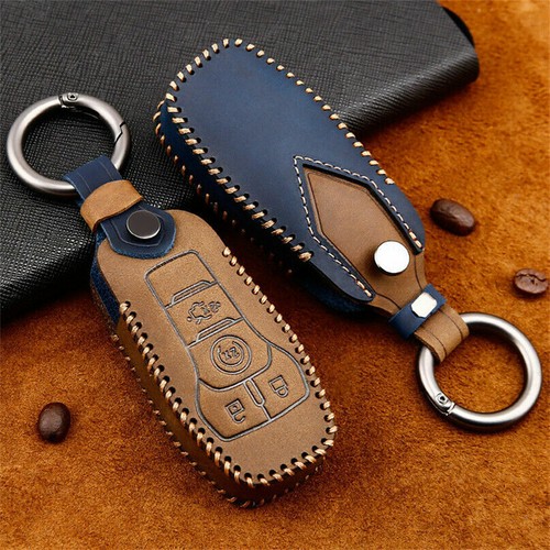 EASYANT Leather Key Fob Cover For Ford - Compatible With Mustang, F-150, F-450, Explorer, Lincoln MKZ (5-Button Smart Key, Black/Brown) - View #5