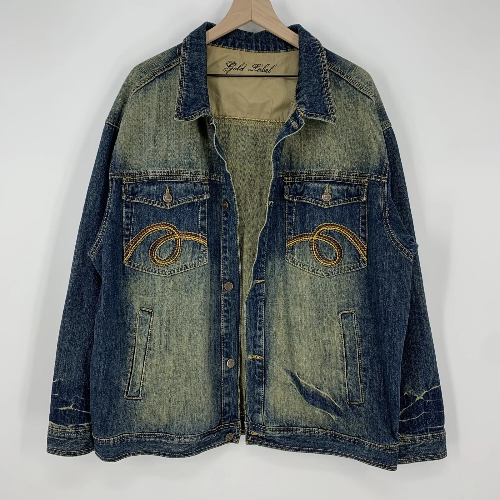 Gold Label Denim Trucker Jacket 2XL Distressed Western Grunge Y2k Streetwear