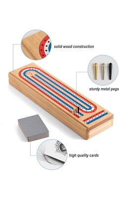 Cribbage Basic Set Cribbage Board Game Set with Large Storage Area, Solid Wood 3 Track ...