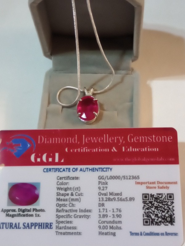 EARTHMINED CERTIFIED GEM TESTED HEATED PINK SAPPHIRE 9.27ct 925S PENDANT & CHAIN