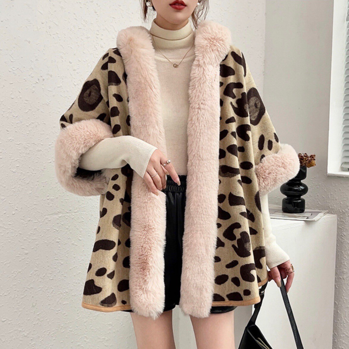 Fur Collar Cape Knitted Cardigan Women Leopard Print Hooded Shawl