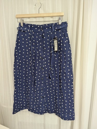 M&S Collection Linen Rich Skirt Womens UK 10 Blue Polka Dot Button Midi NEW