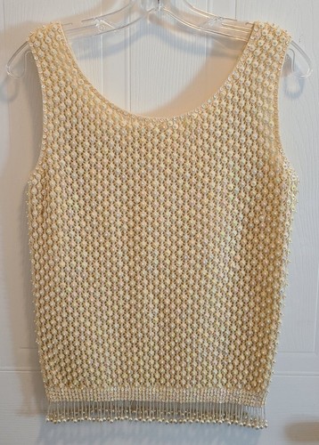 Vtg 50s 60s The Halle Bros Co Sleeveless Beaded Sequin Blouse 100% Wool Size 34