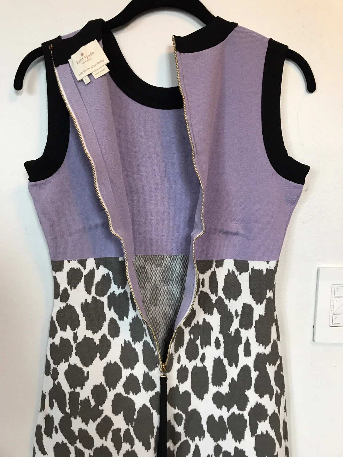 NUOVO abito elasticizzato Kate Spade in lavanda e nero grigio leopardato macchie taglia S $298