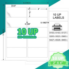 10 UP 250-40000Labels 2" x 4" Shipping Address Labels for Laser Ink Jet Adhesive