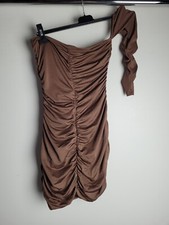 Brown Ruched Bodycon Dress Size Small One Sleeve Party Clubbing