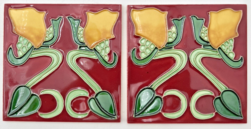 (14) ART NOUVEAU TILES 6" X 6" BURGUNDY, GREENS & YELLOW REPRODUCTION - Picture 12 of 21