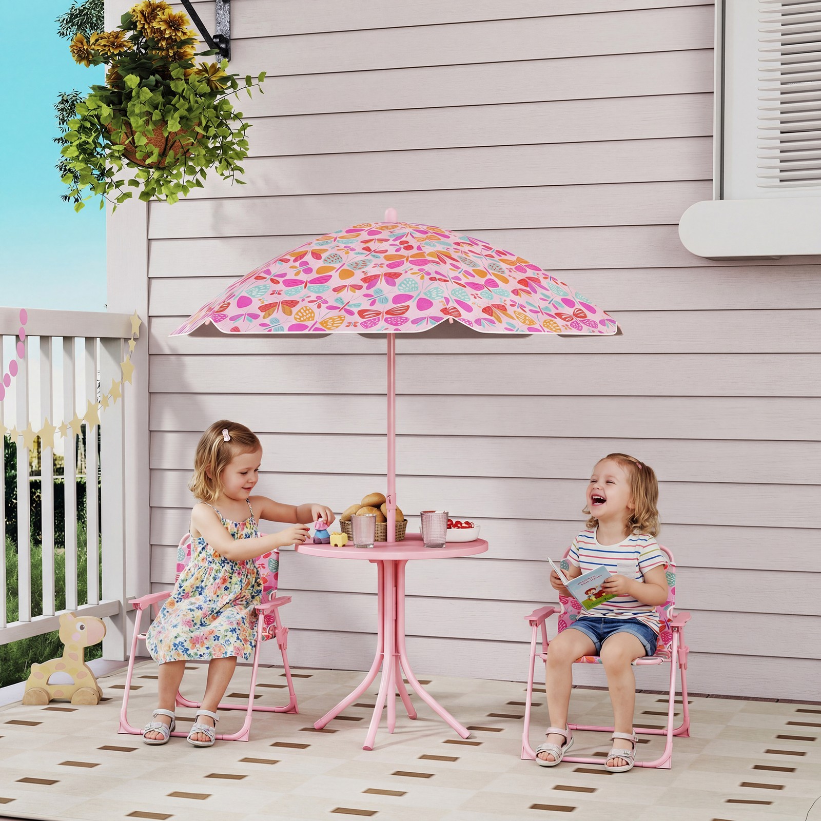 Set, Outdoor Table With Foldable Chairs, Pink