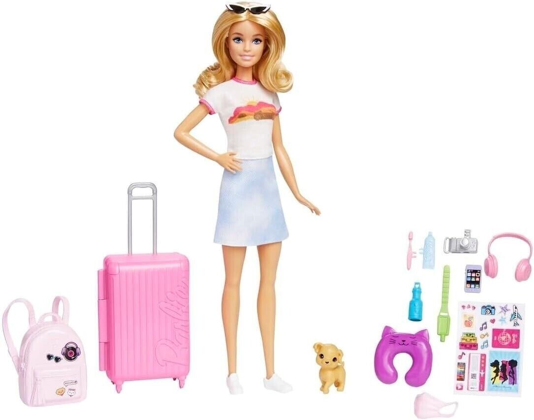 Barbie Doll , 'Malibu' Travel Set with Puppy and 10+ Pieces Working Suitcase