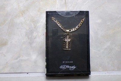 Ed Hardy Mens Crystal Cross Dog Tag Pendant 26 Inch Figaro Chain Necklace