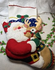 Vintage Bucilla Finished Felt Christmas Stocking - Santa  Rudolph 18 Inch