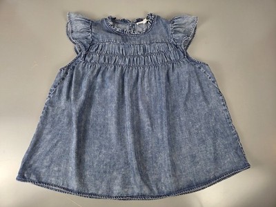 Denim Chambray Ruffle Neck Flutter Sleeve Babydoll Top M Jane + Delancey