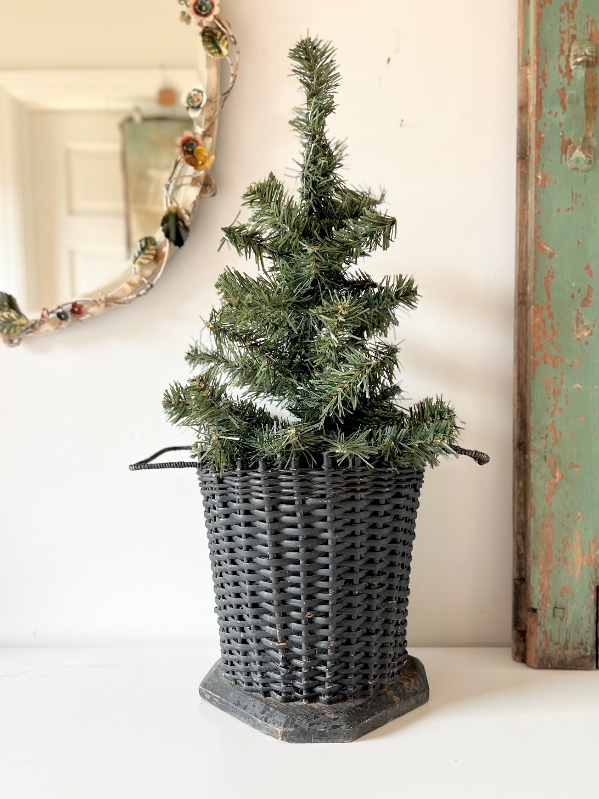 Antique Funeral Flower Basket Black Painted Wicker Woven Mourning Display