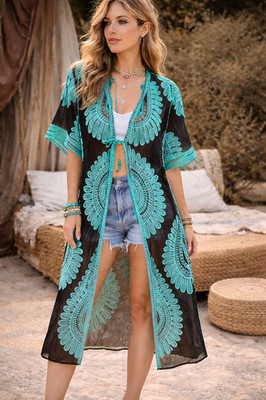 Whimsigoth Festival Asha Kimono Cardigan Womens OS Sheer Crochet Mesh Boho - EUC