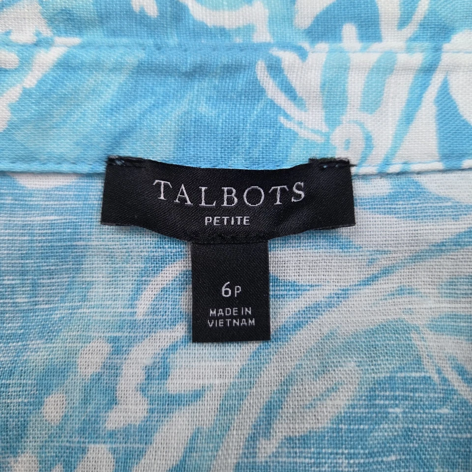 Vestido Camisa Talbots 6P Mezcla de Lino Azul Floral Tropical Manga 3/4 Botón Delantero Foto 3 de 4
