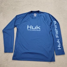 Huk Shirt Mens Medium Blue Performance Fishing Quick Dry Spell Out Logo Outdoor