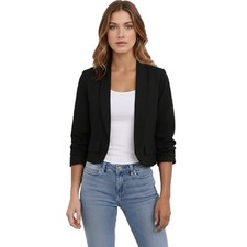 Womens Cropped Blazer Ruched Sleeve Open Front Smart Casual Jacket with Pockets
