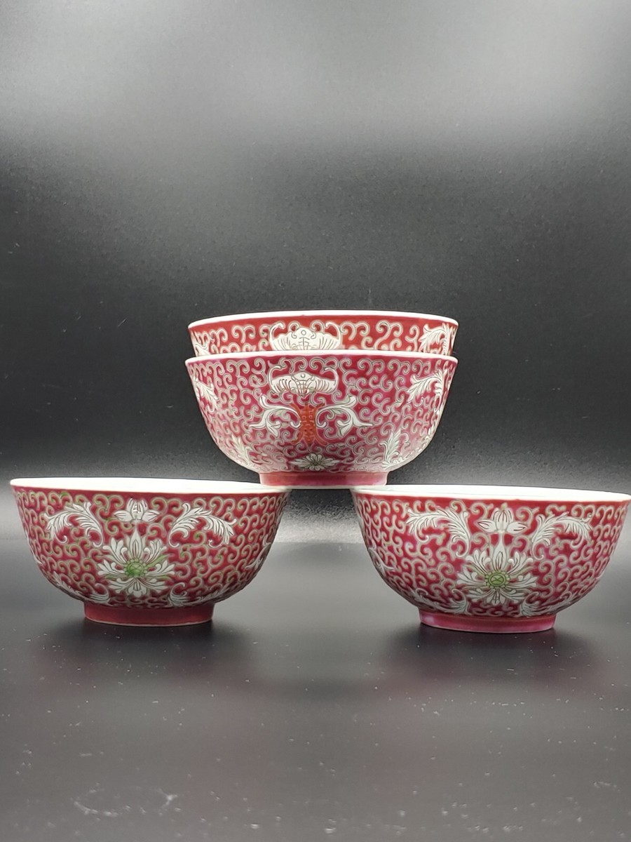 中国古美術・珍蔵粉彩・胭脂紅釉の碗・陶磁器・置物・純手描き・彩絵箱付き・茶道具 民国粉彩胭脂红釉瓷碗Group Vintage Chinese Famille Rose Carmine
