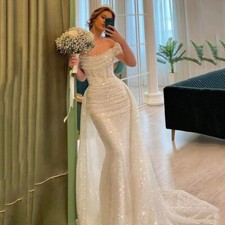 White Prom Dresses Shiny Sequins Mermaid Wedding Dress Long Train Off Shoulder