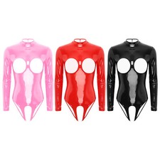 Women Leotard Mock Neck Jumpsuit Shiny Bodysuit Long Sleeve Clubwear Open Chest